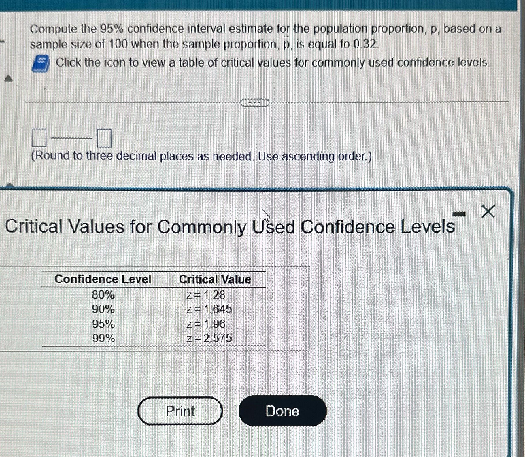 Compute the 95% confidence interval estimate for the population proportion, p, based