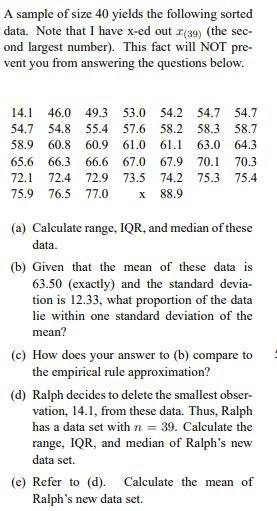 A sample of size 40 yields the following sorted data. Note that
