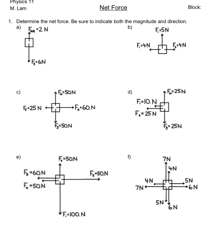 Physics 11 M. Lam Net Force 1. Determine the net force. Be