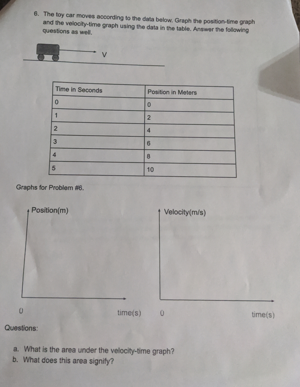 6. The toy car moves according to the data below. Graph the