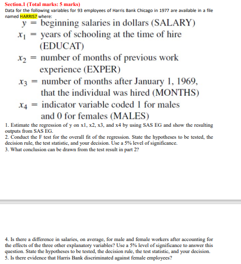 Section.1 (Total marks: 5 marks) Data for the following variables for 93
