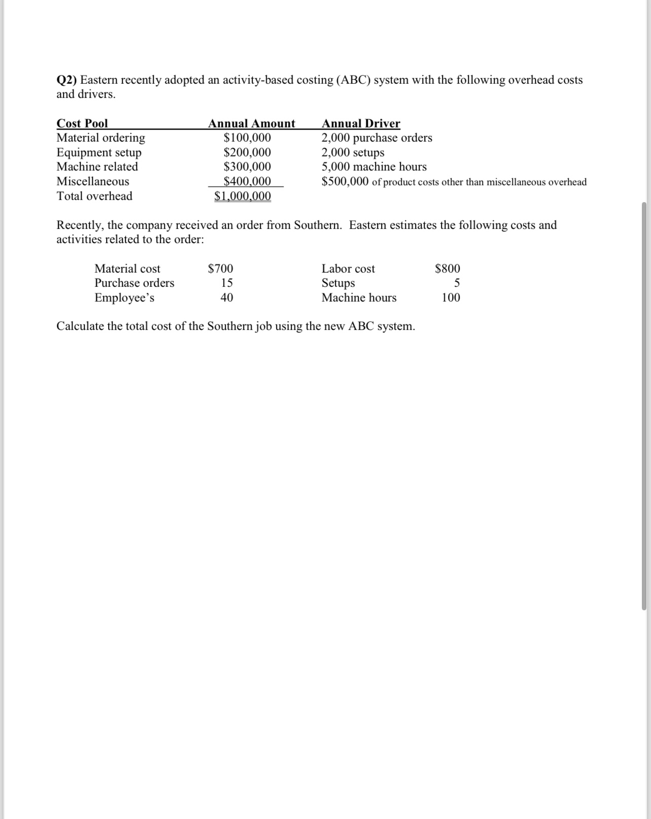 Q2) Eastern recently adopted an activity-based costing (ABC) system with the following