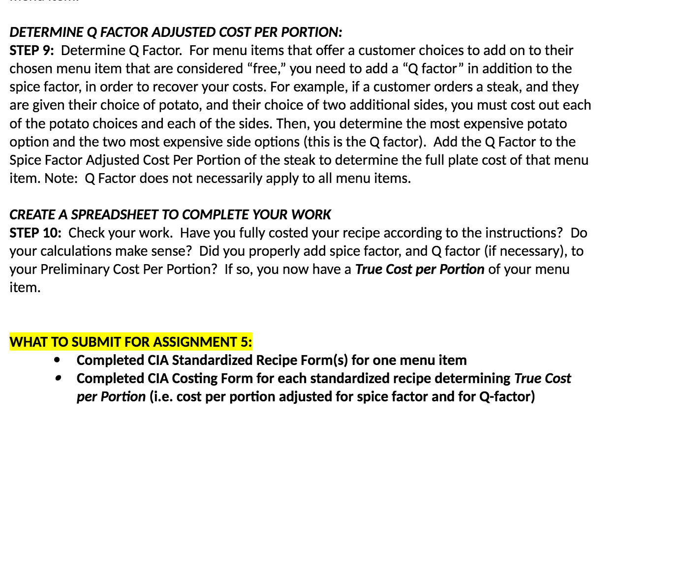 DETERMINE Q FACTOR ADJUSTED COST PER PORTION: STEP 9: Determine Q Factor.