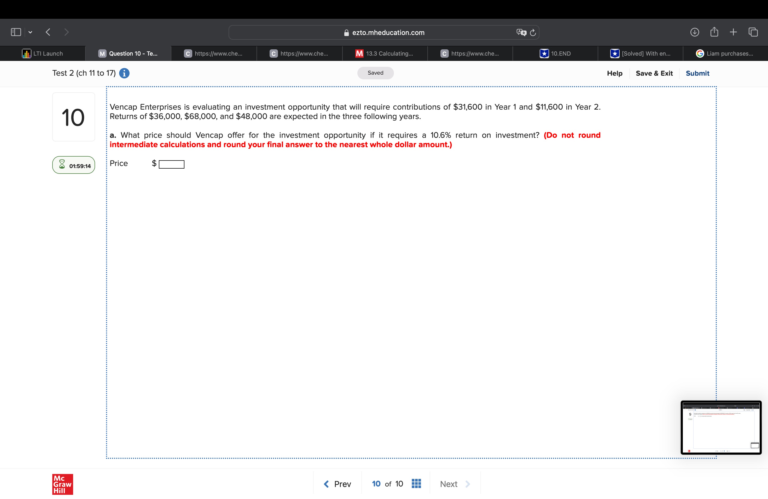 ezto.mheducation.com M Question 10 - Te... Chttps://www.che... C https://www.che... M 13.3 Calculating...