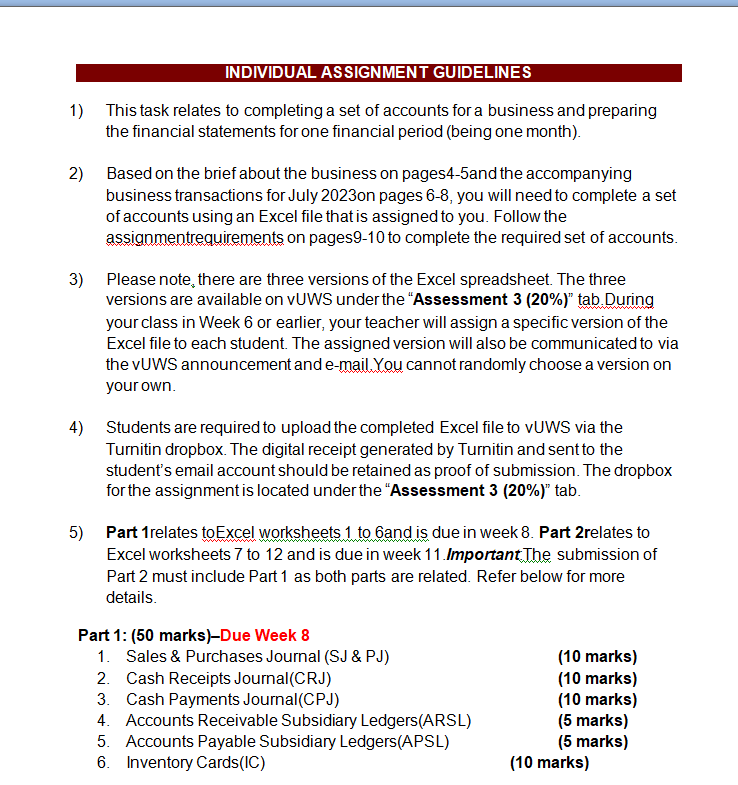 INDIVIDUAL ASSIGNMENT GUIDELINES 1) This task relates to completing a set of