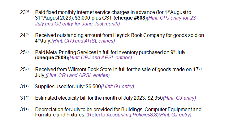on pages4-5and the accompanying business transactions for July 2023on pages 6-8, you