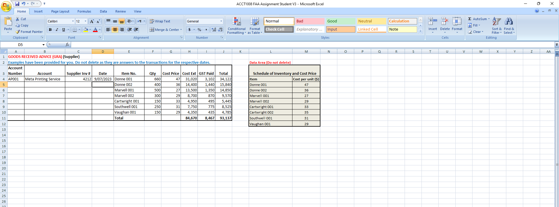earlier, your teacher will assign a specific version of the Excel file