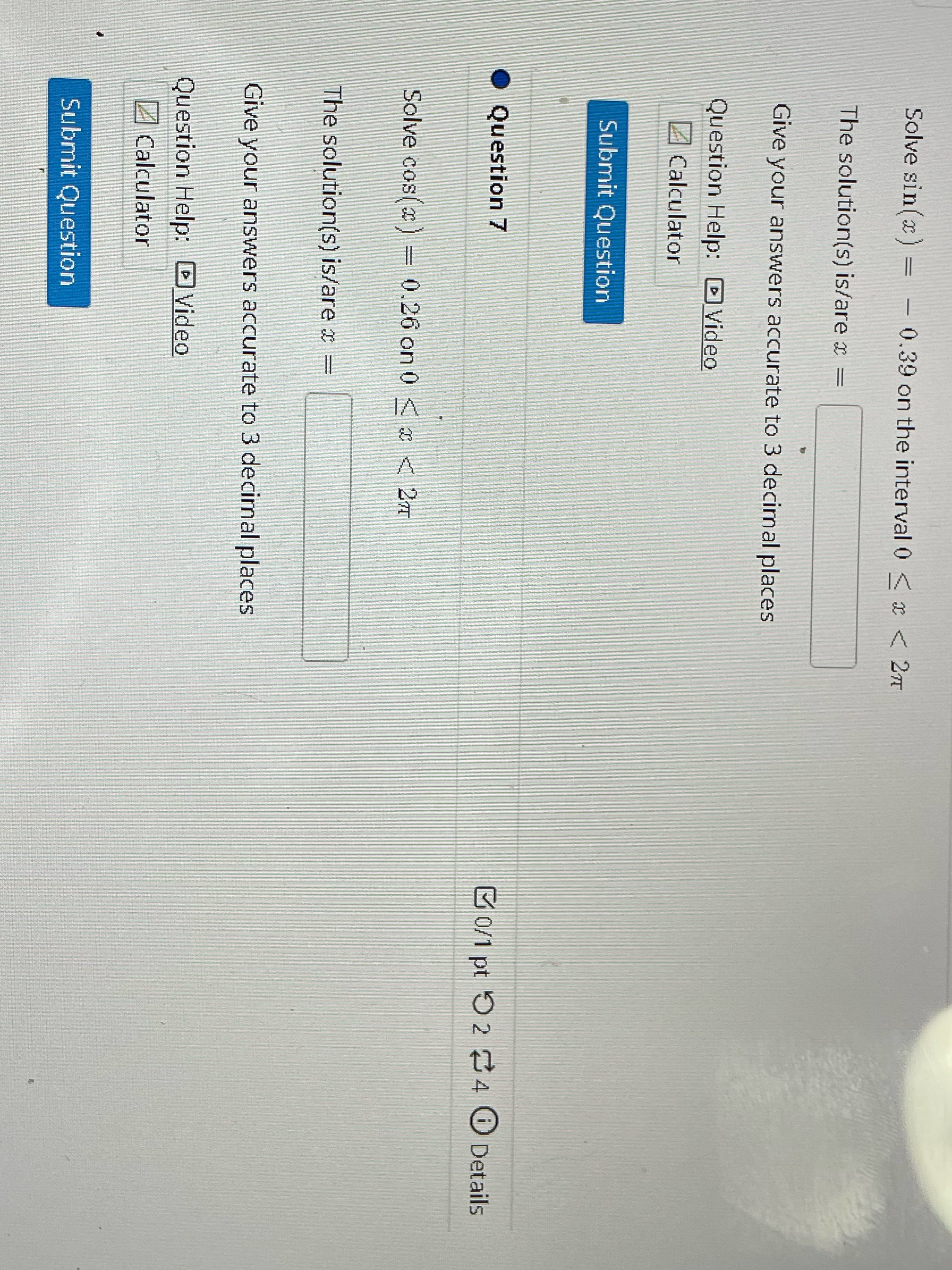 Solve sin(x) = -0.39 on the interval 0 < x < 2