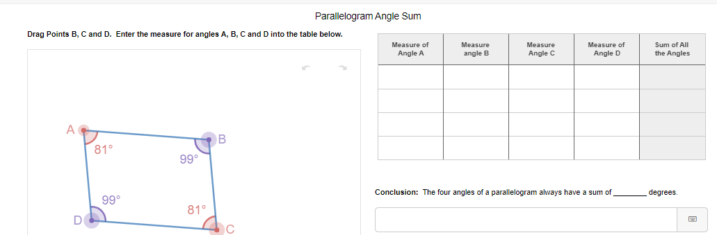 Parallelogram Angle Sum Drag Points B, C and D. Enter the measure