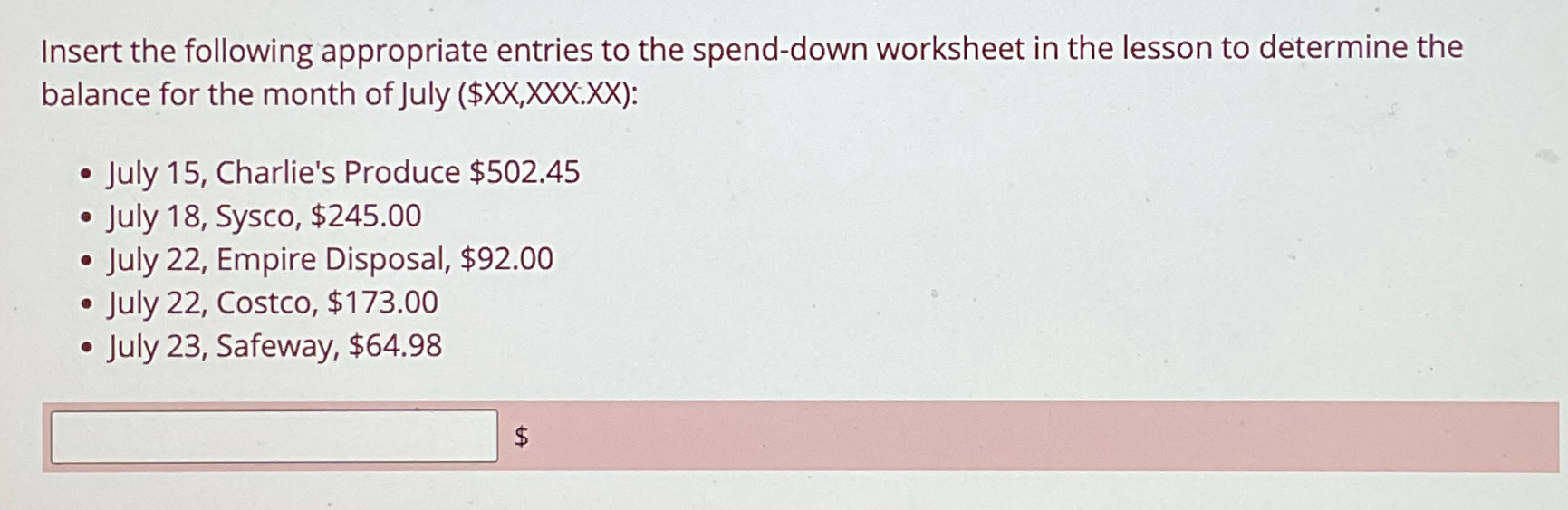 Insert the following appropriate entries to the spend-down worksheet in the lesson