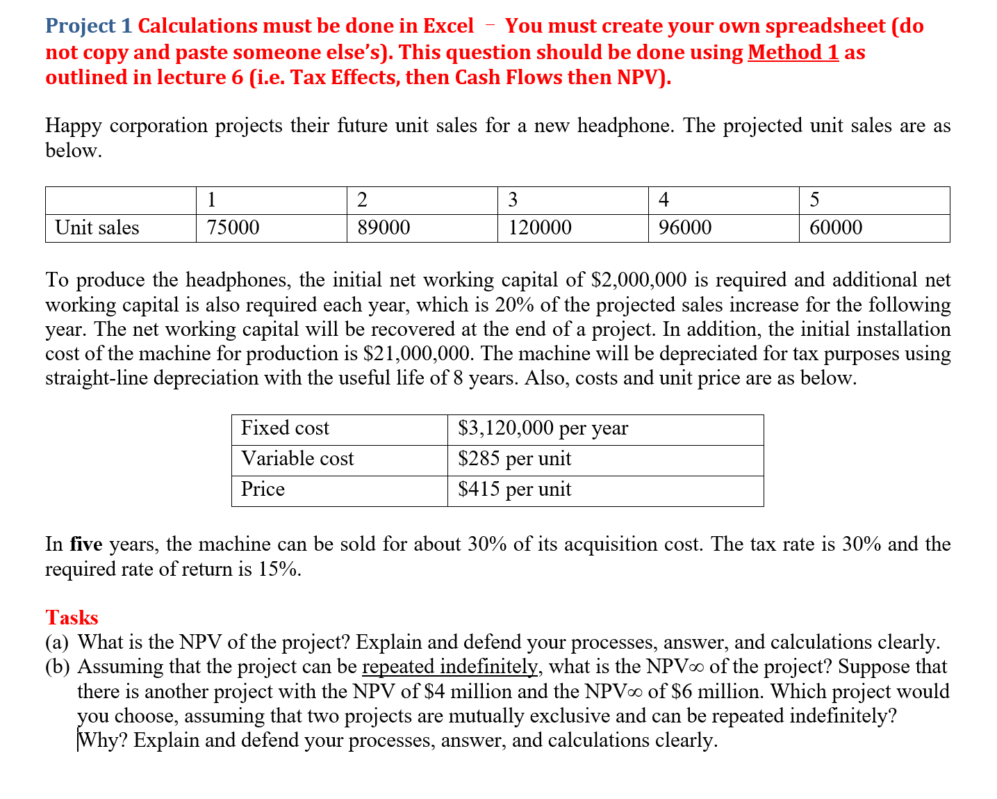 Project 1 Calculations must be done in Excel - You must create