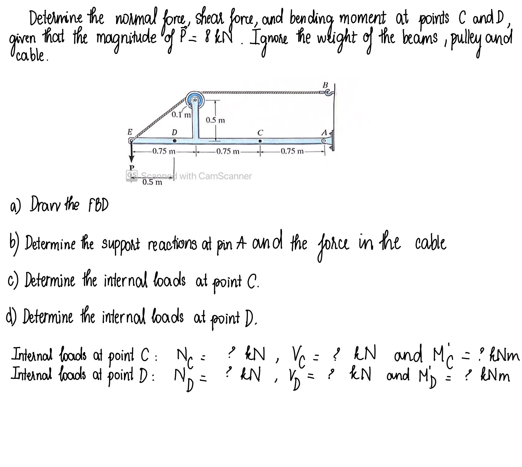 Determine the normal force, shear force, and bending moment at points C