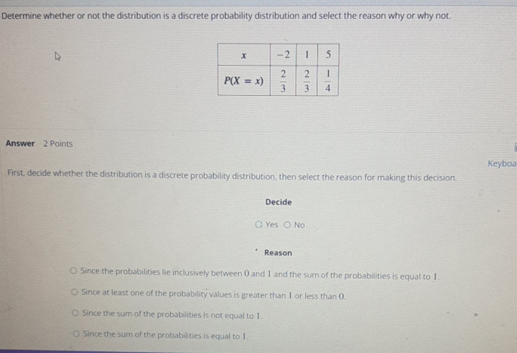 Determine whether or not the distribution is a discrete probability distribution and