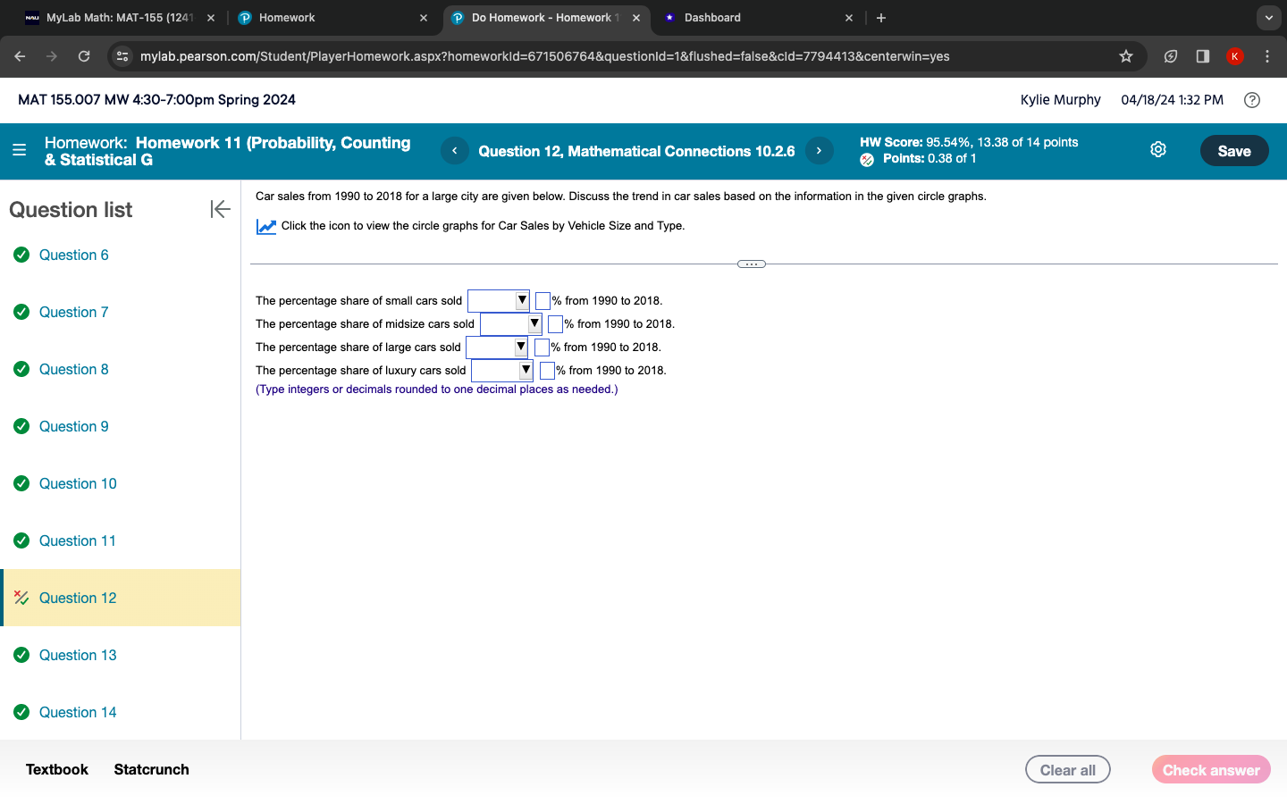 Nu MyLab Math: MAT-155 (1241 X Homework Do Homework - Homework 1