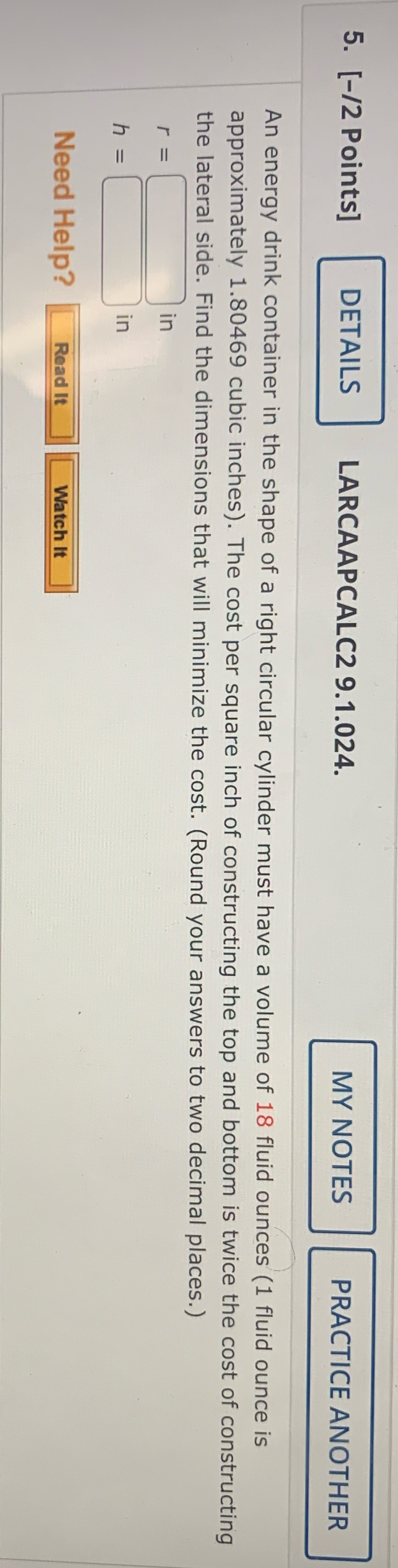 5. [-/2 Points] DETAILS LARCAAPCALC2 9.1.024. MY NOTES PRACTICE ANOTHER An energy