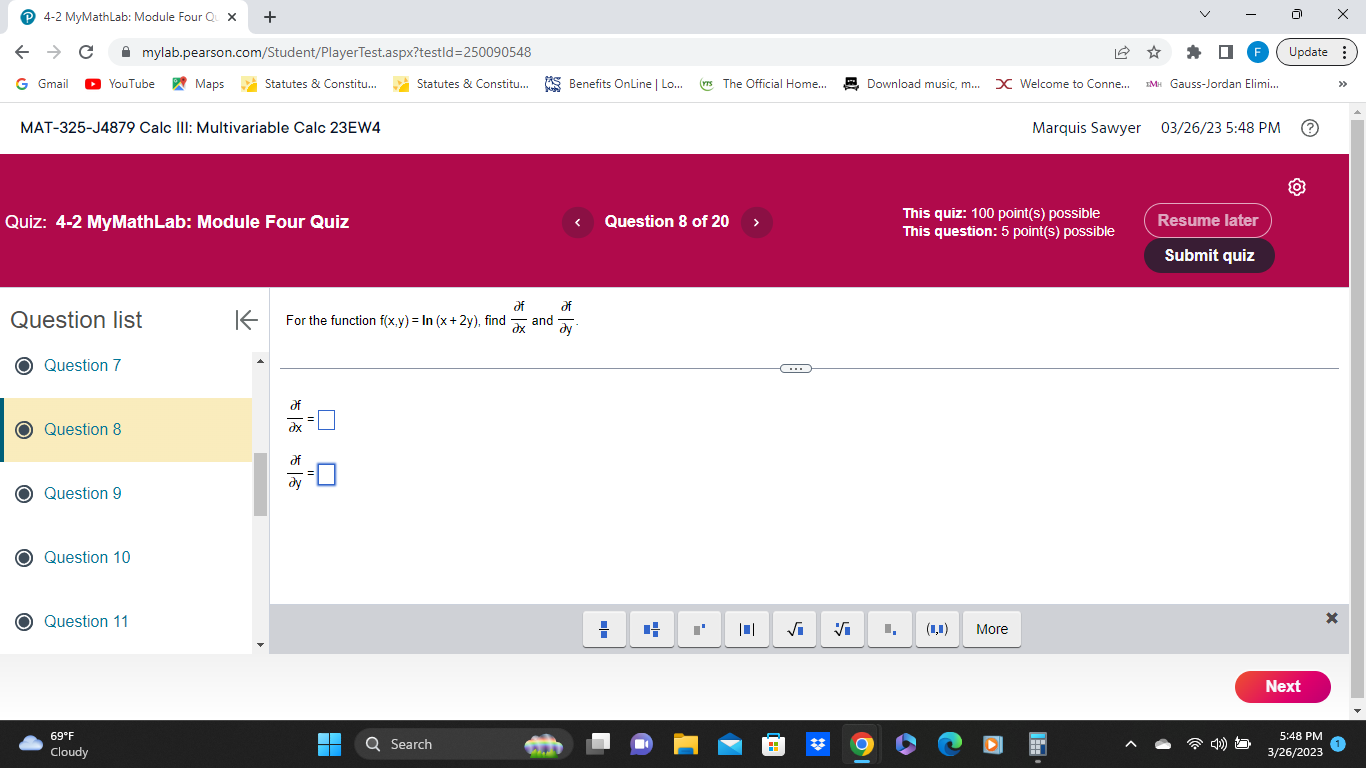 4-2 MyMathLab: Module Four Qux + C mylab.pearson.com/Student/PlayerTest.aspx?testid=250090548 F Update G Gmail