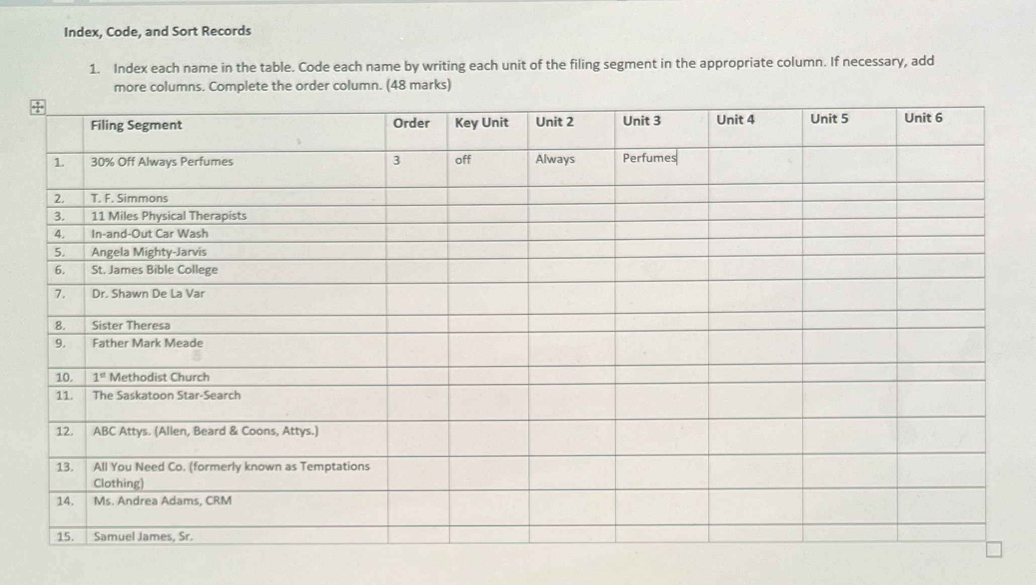 Index, Code, and Sort Records 1. Index each name in the table.
