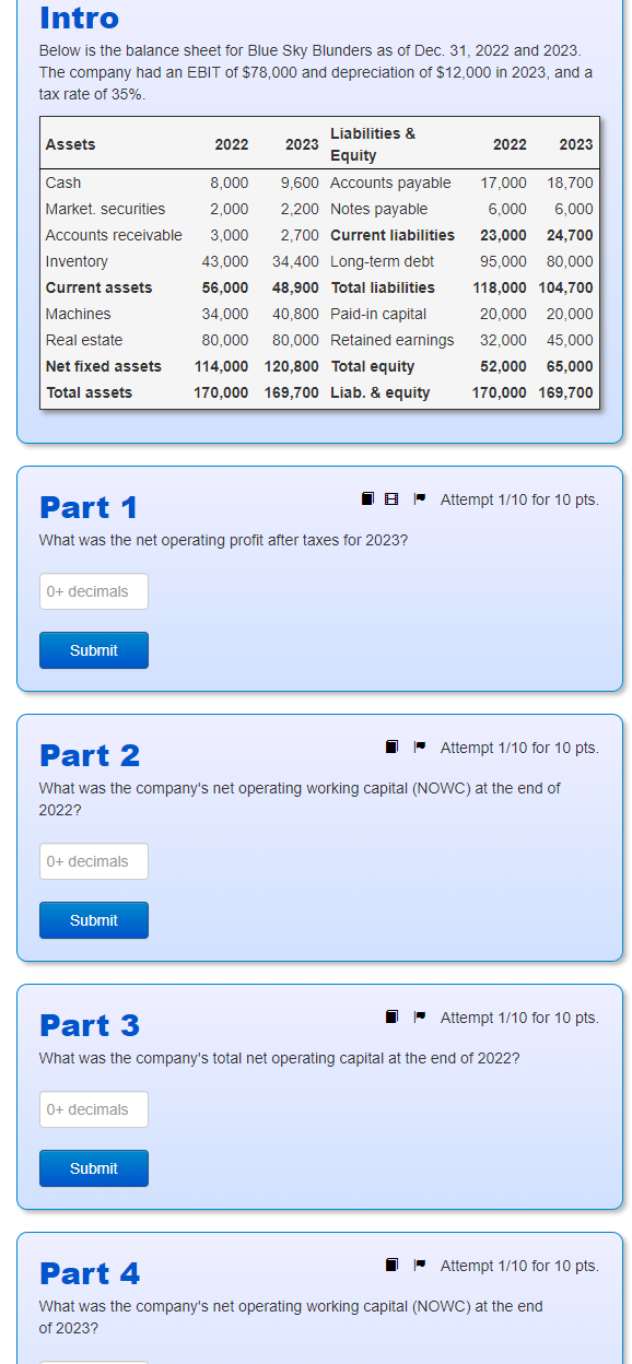 Intro Below is the balance sheet for Blue Sky Blunders as of