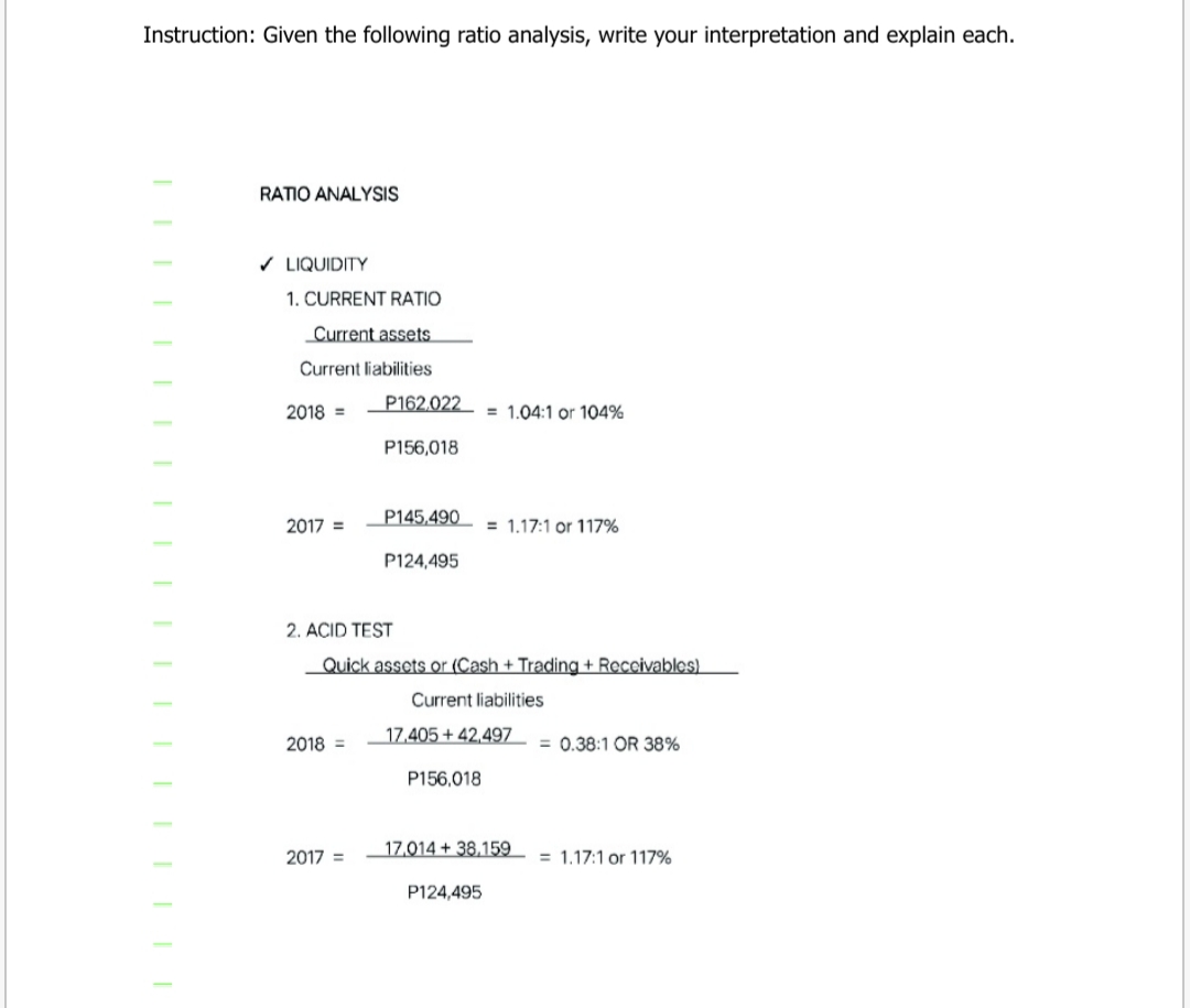 Instruction: Given the following ratio analysis, write your interpretation and explain each.