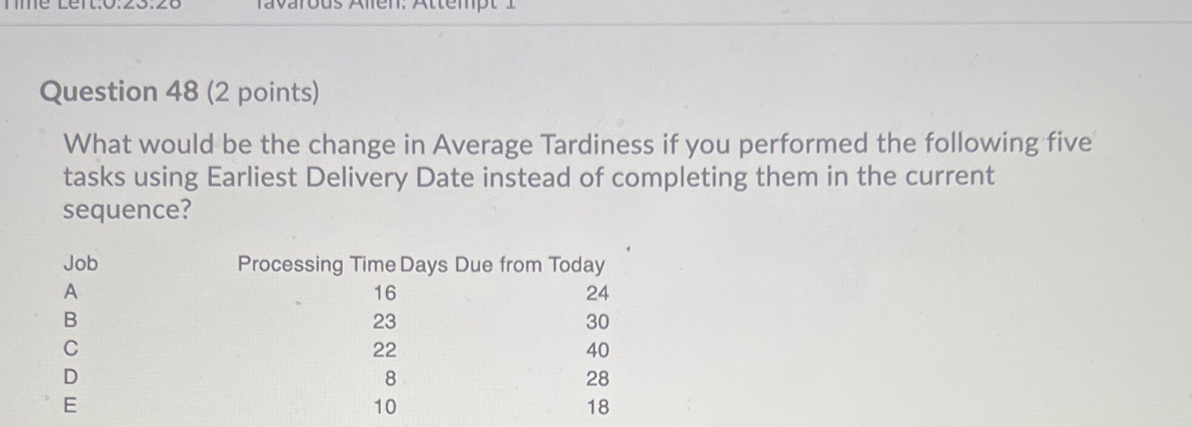 Question 48 (2 points) What would be the change in Average Tardiness