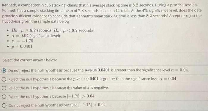 Kenneth, a competitor in cup stacking, claims that his average stacking time