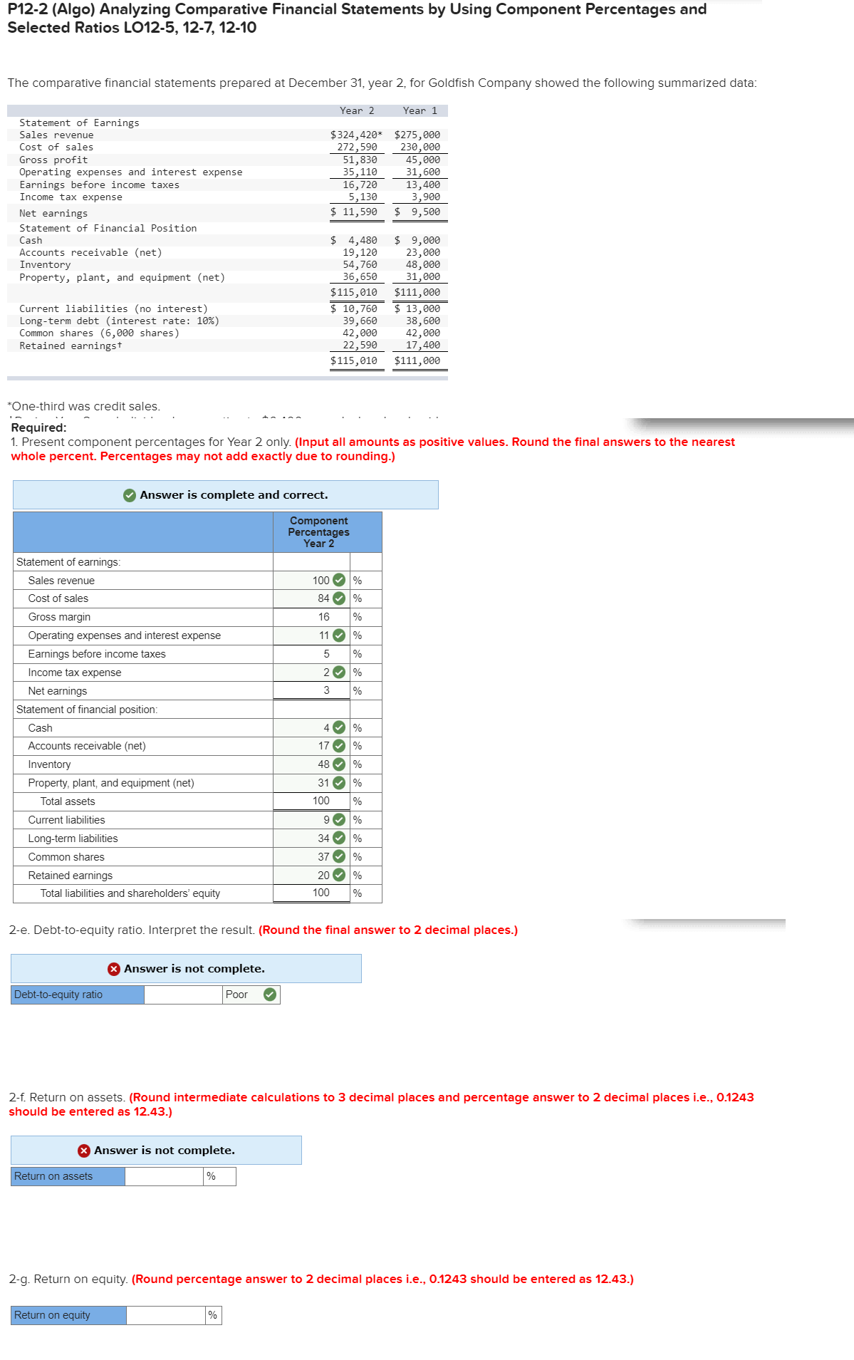 P12-2 (Algo) Analyzing Comparative Financial Statements by Using Component Percentages and Selected