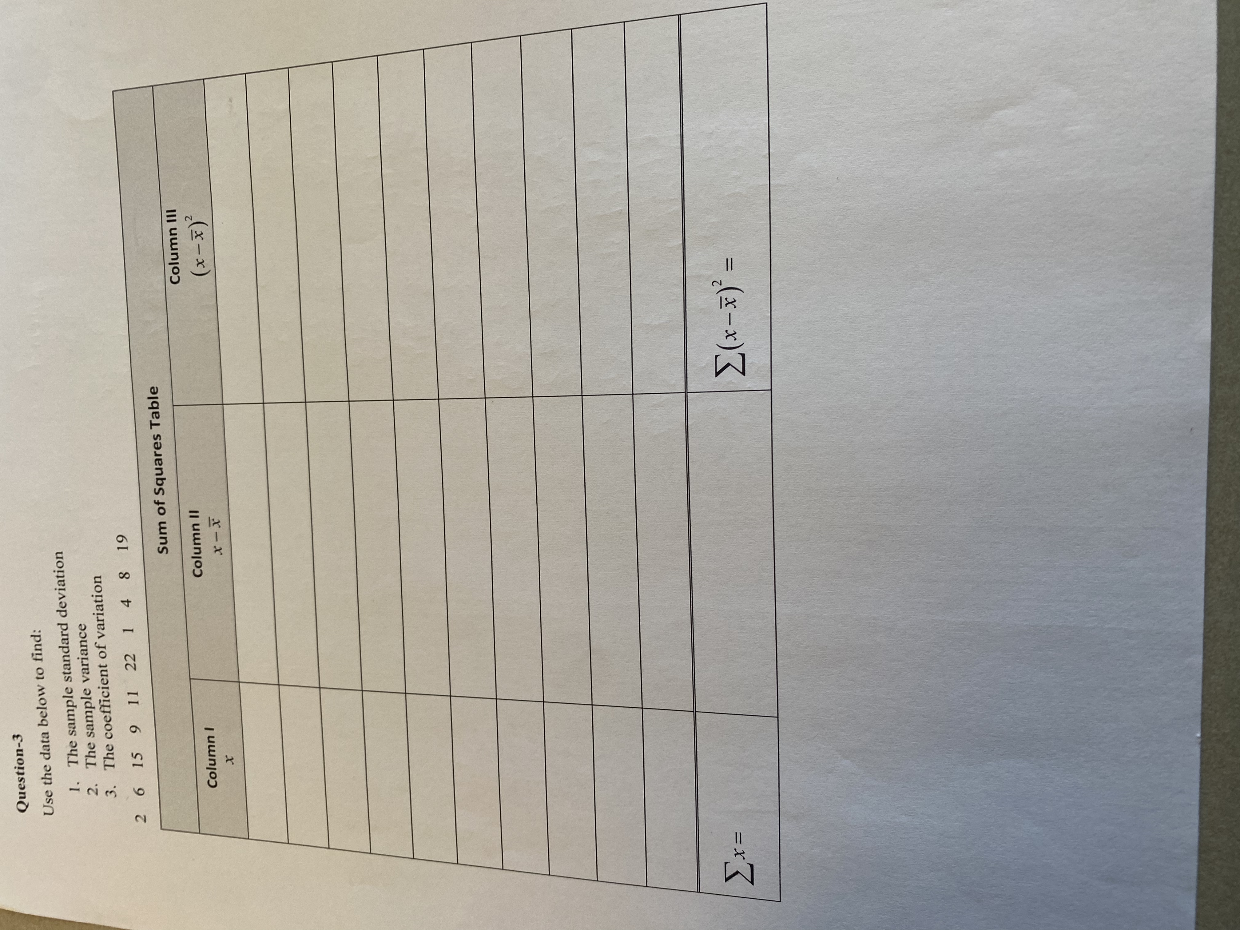 Question-3 Use the data below to find: 1. The sample standard deviation
