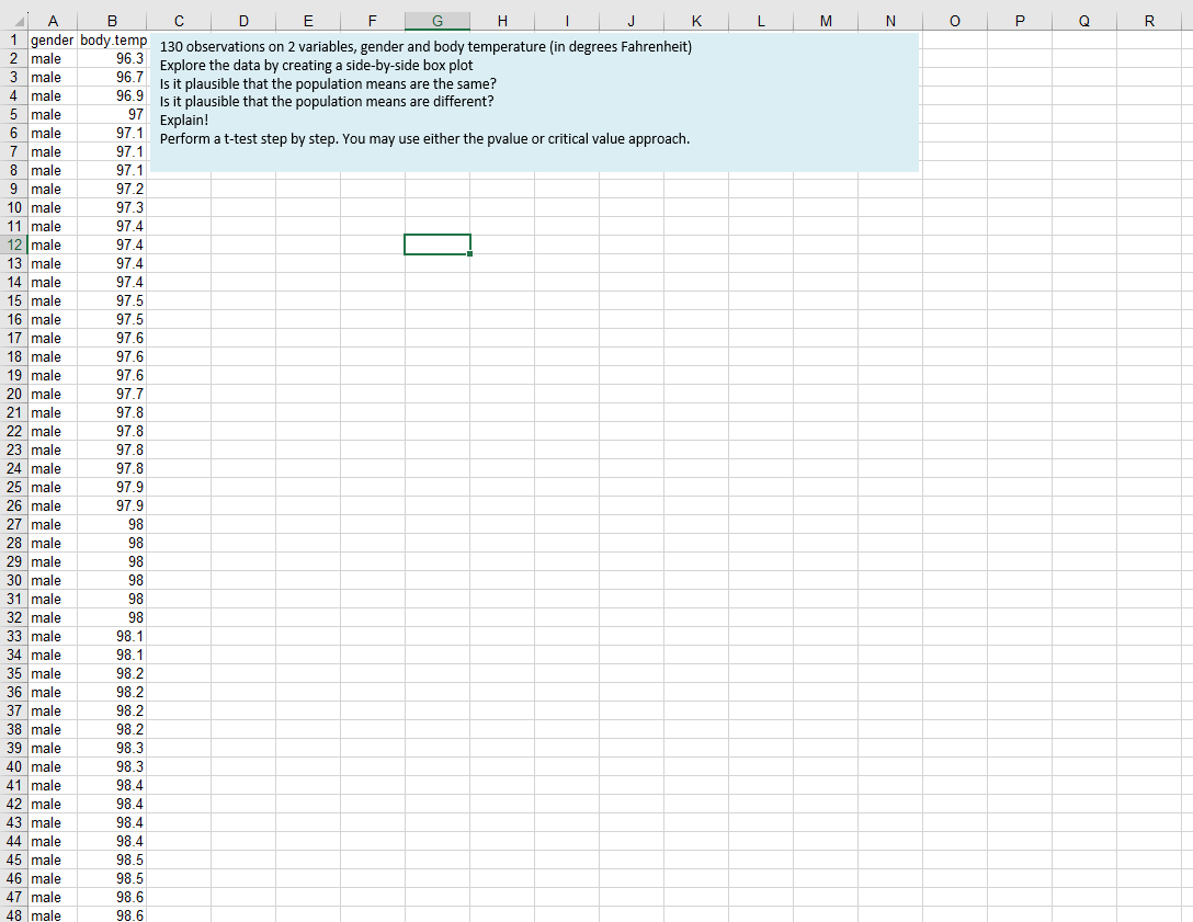 A B | C D E F G H 1 gender body.temp