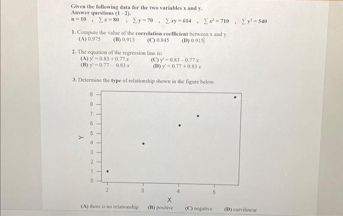 Given the following data for the two variables x and y. Answer
