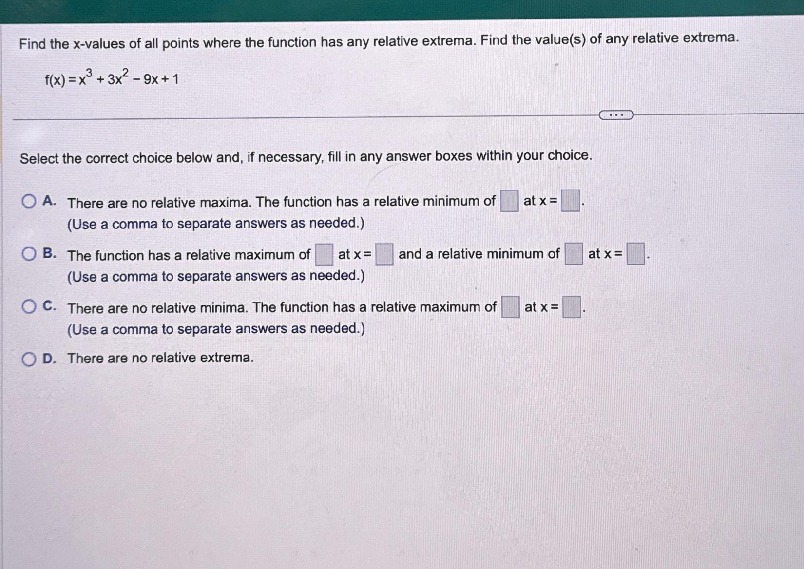 Find the x-values of all points where the function has any relative