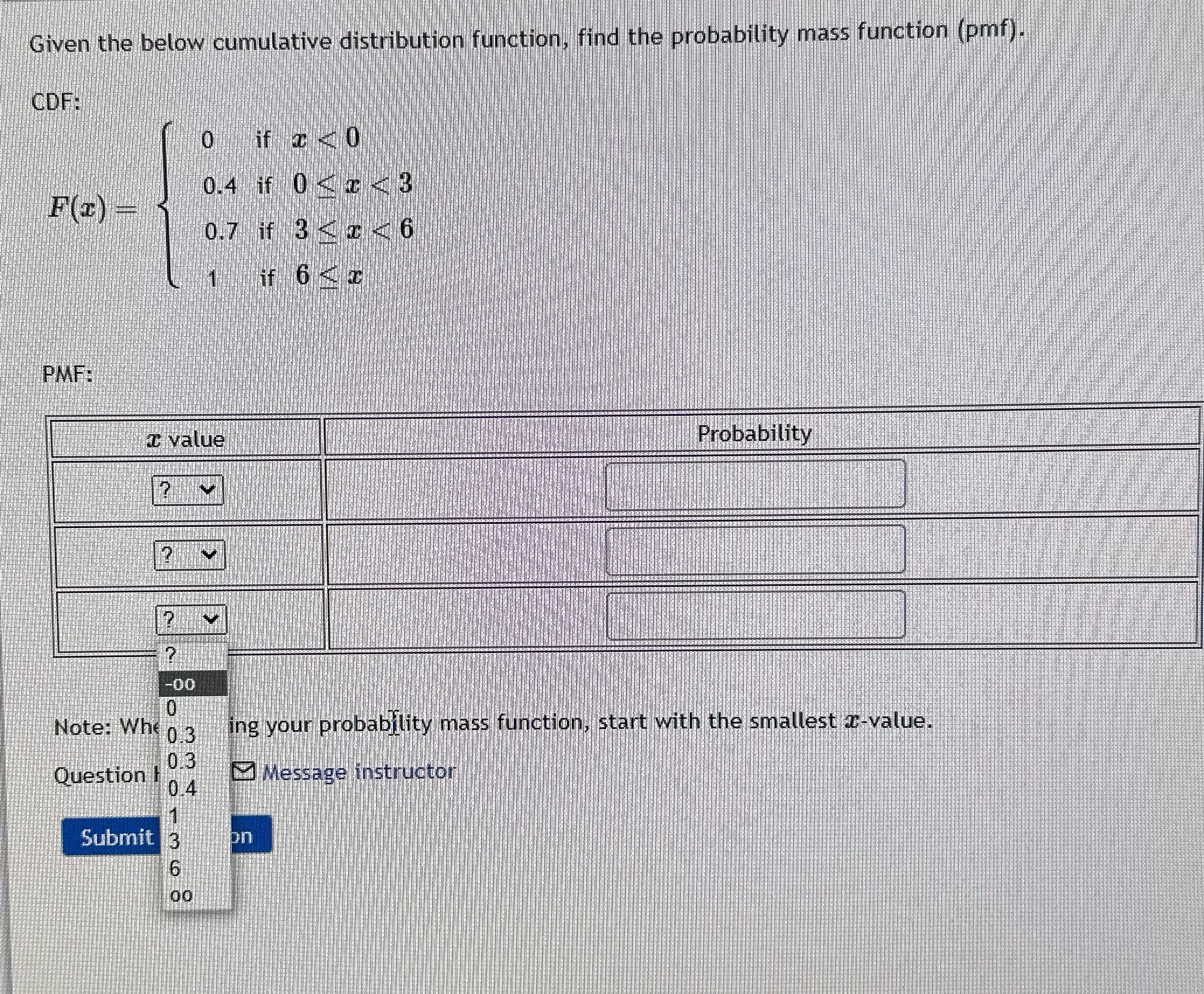 Given the below cumulative distribution function, find the probability mass function (pmf).
