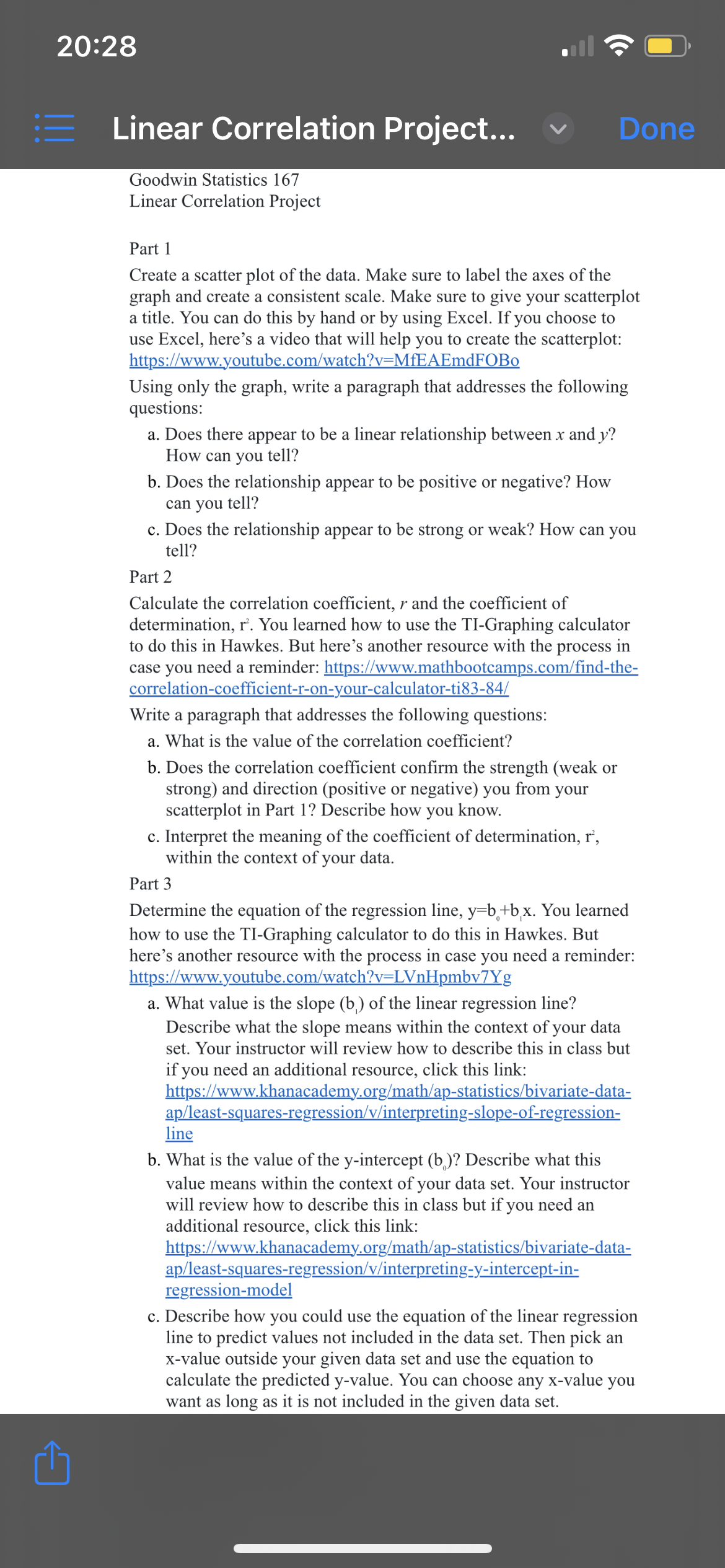 20:28 Linear Correlation Project... Goodwin Statistics 167 Linear Correlation Project Part 1