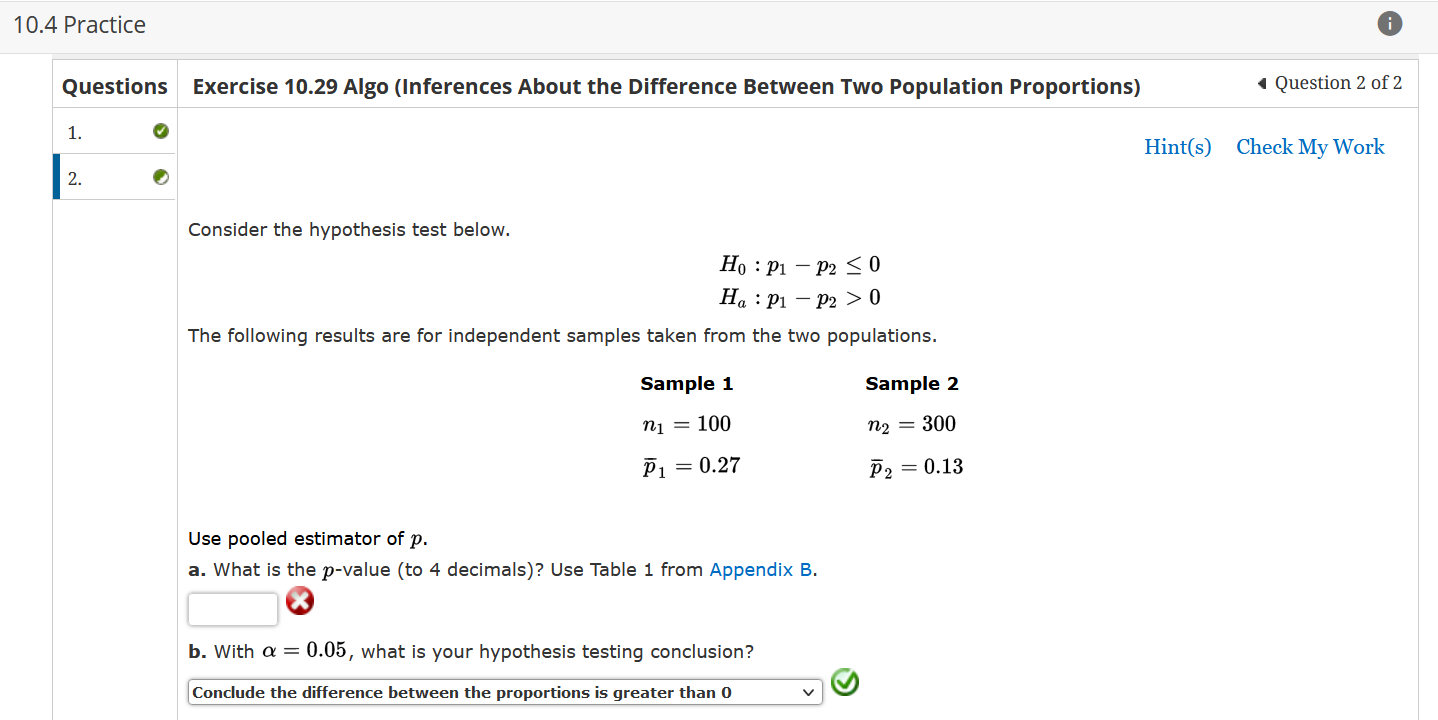 10.4 Practice Questions Exercise 10.29 Algo (Inferences About the Difference Between Two