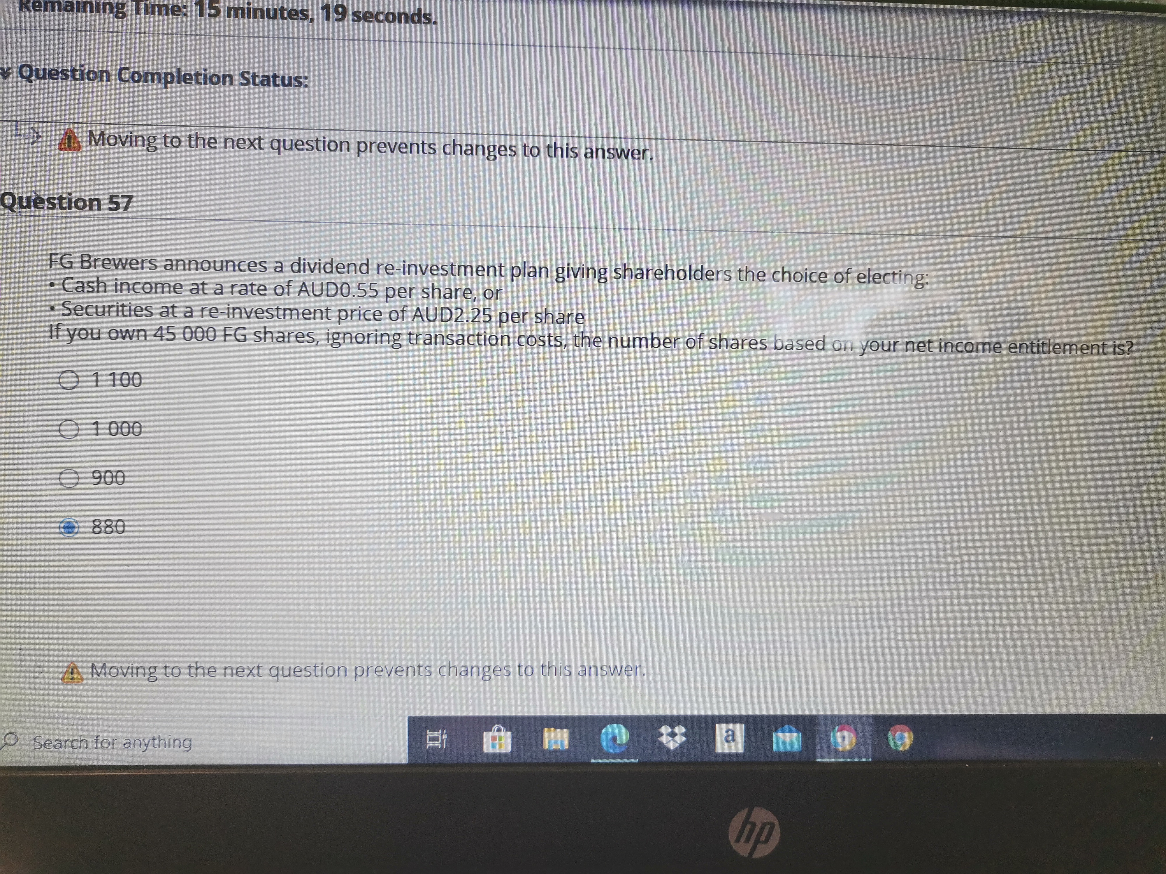 Remaining Time: 15 minutes, 19 seconds. Question Completion Status: Moving to the