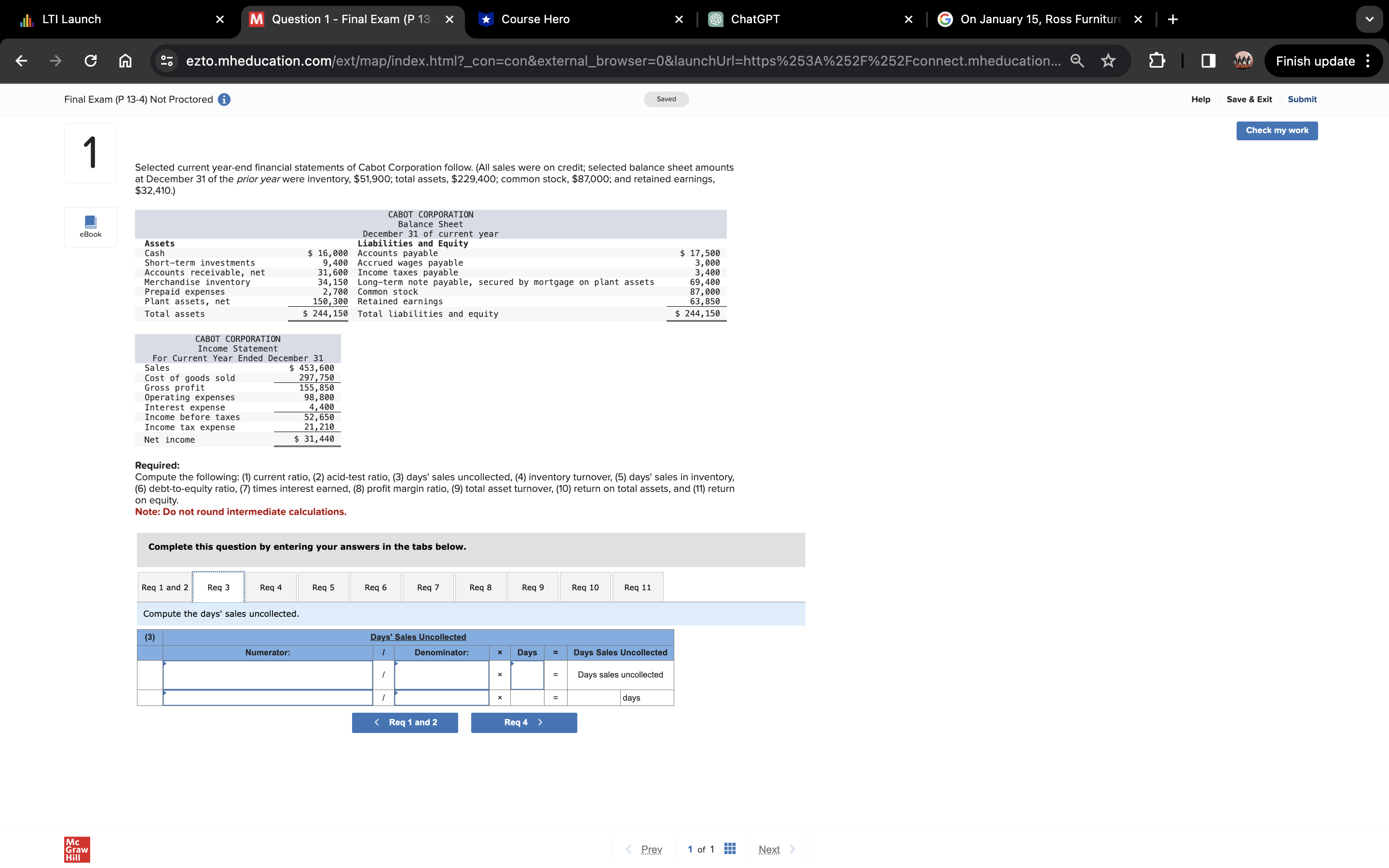 Hero ChatGPT G On January 15, Ross Furniture X ezto.mheducation.com/ext/map/index.html?_con=con&external_browser=0&launchUrl=https%253A%252F%252Fconnect.mheducation... Q Final