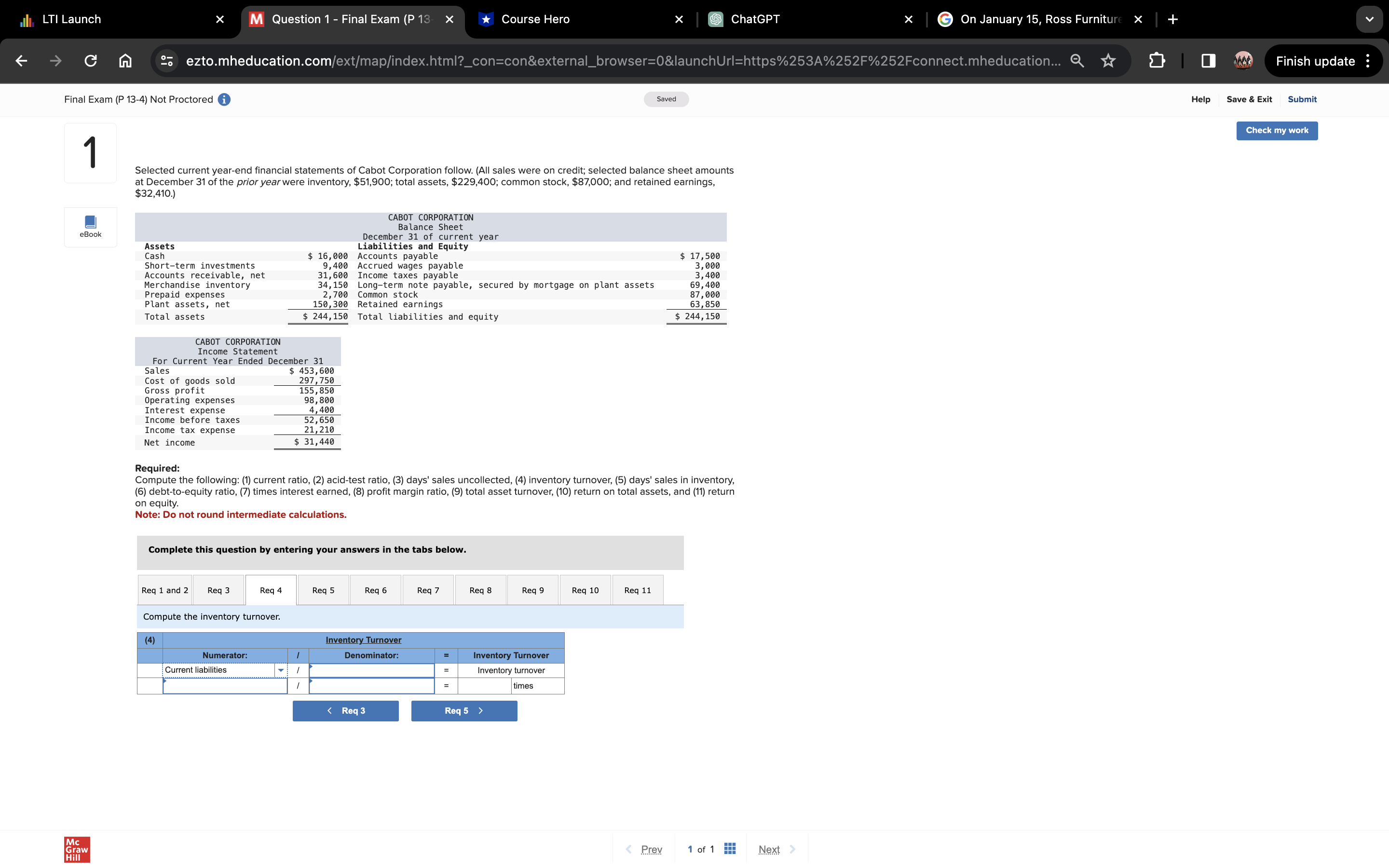 Exam (P 13-4) Not Proctored Mc Saved 1 Selected current year-end financial