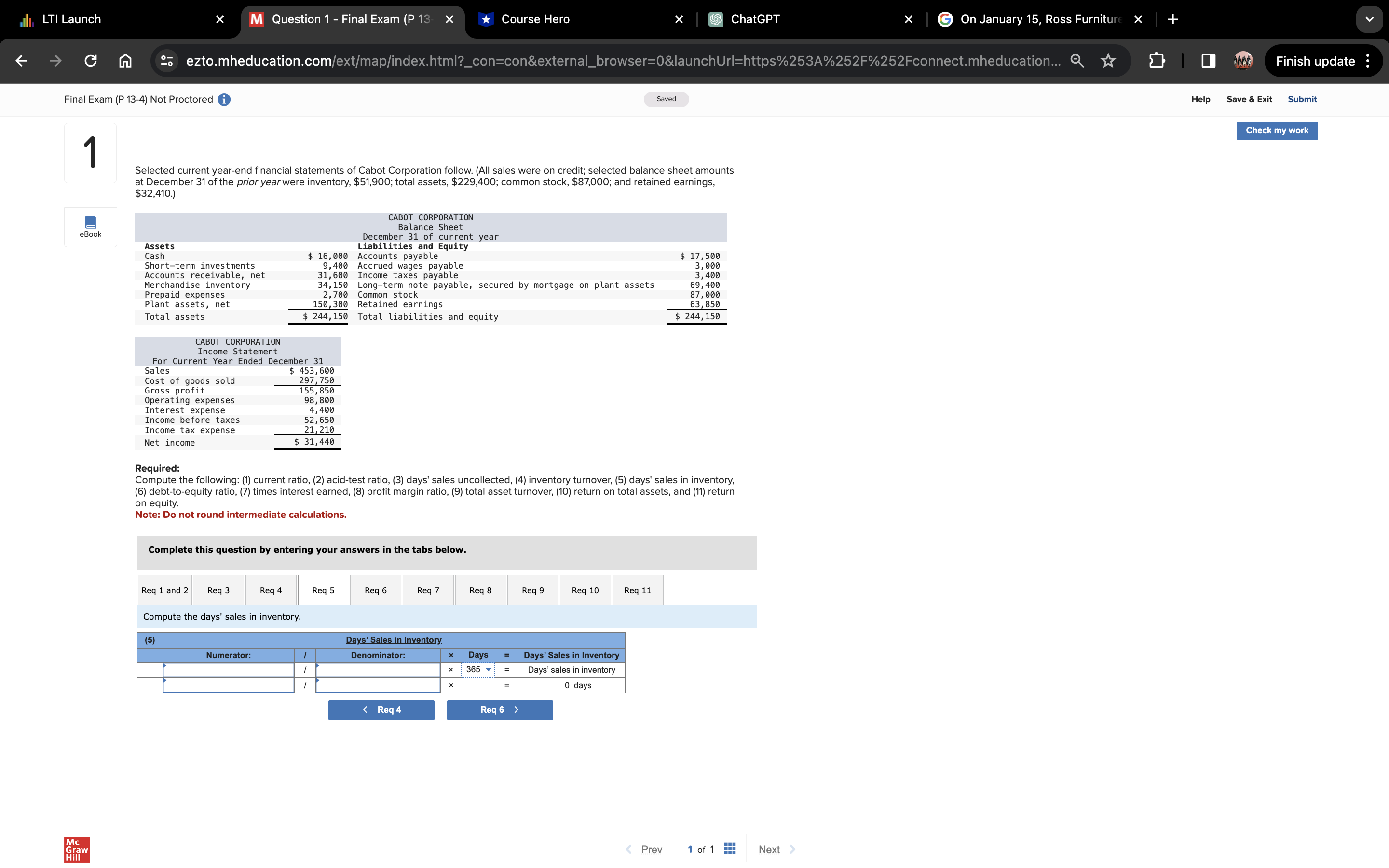 statements of Cabot Corporation follow. (All sales were on credit; selected balance