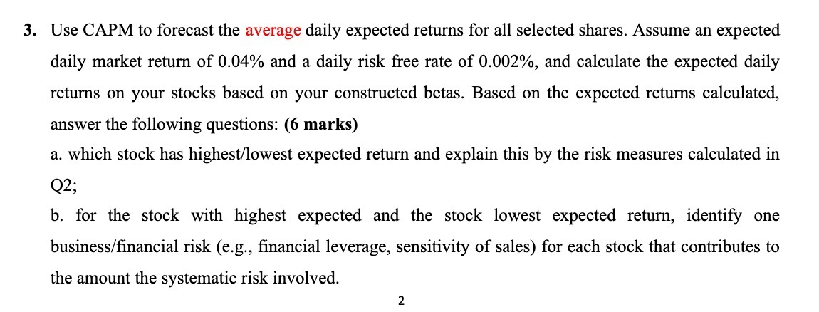 3. Use CAPM to forecast the average daily expected returns for all