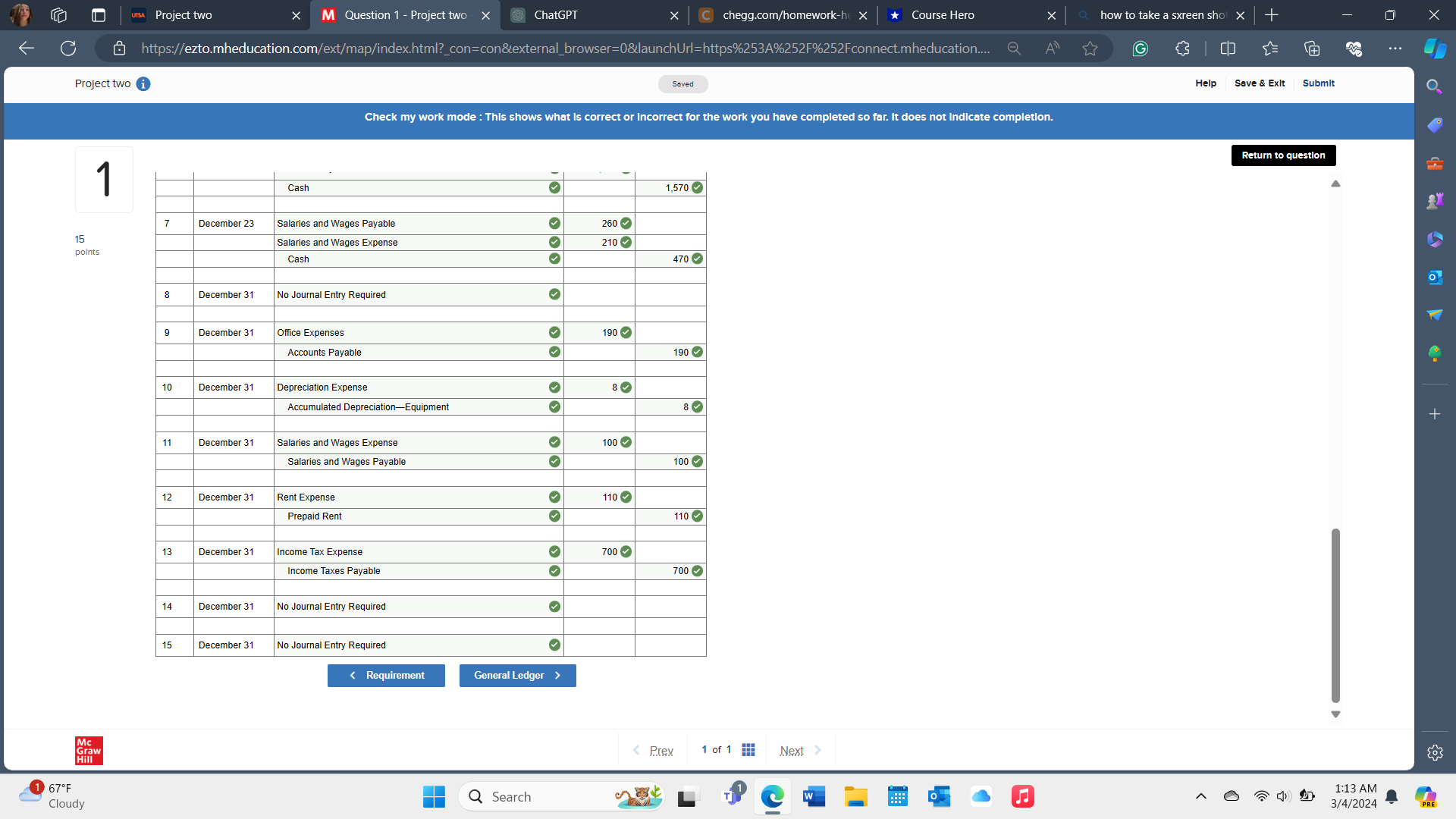 shows what is correct or incorrect for the work you have completed