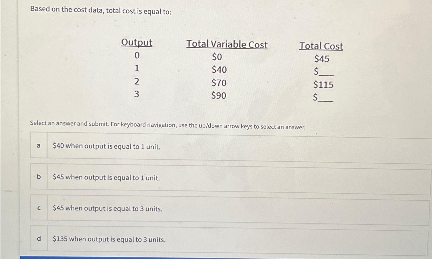 Based on the cost data, total cost is equal to: Output Total