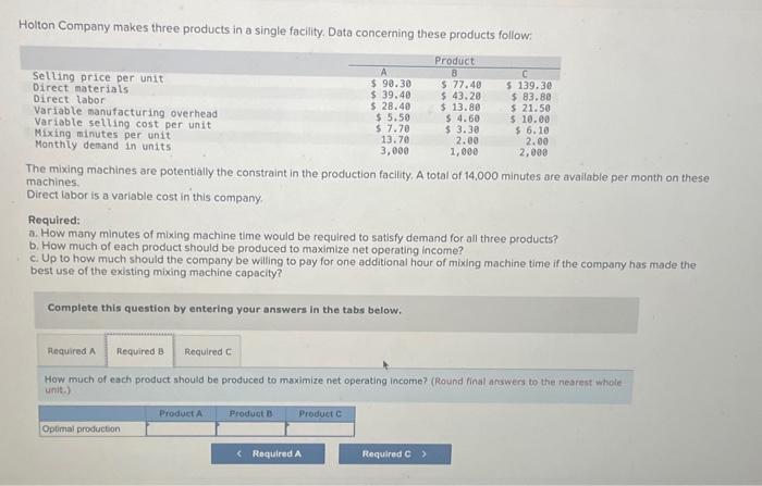 products follow. Selling price per unit Direct materials Direct labor Variable manufacturing