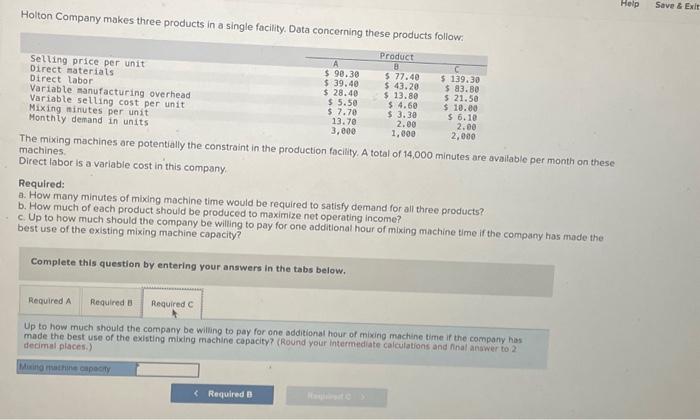 overhead Variable selling cost per unit Mixing minutes per unit Monthly demand