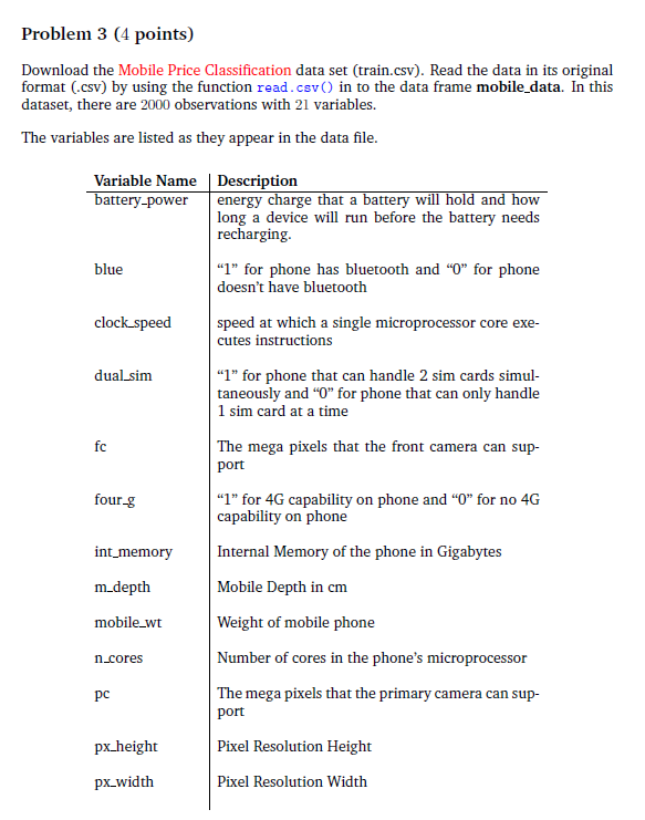 Problem 3 (4 points) Download the Mobile Price Classification data set (train.csv).