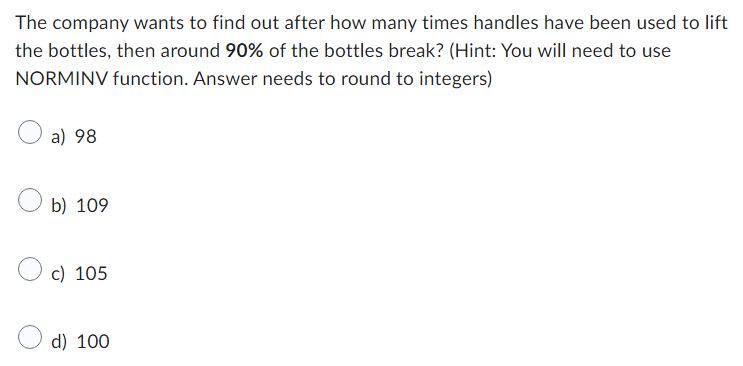 d) 100.43, 0.33 Using the data file, what is the probability of