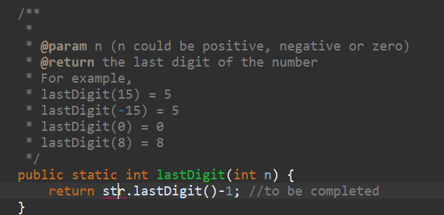 testAbsolute() { } assertEquals(10, Stage2.absolute (10)); assertEquals(10, Stage2.absolute (-10)); assertEquals(0, Stage2.absolute()); assertEquals(1237,