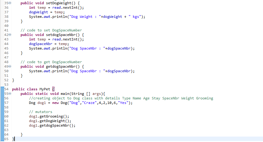 - dogSpaces - catSpaces - daysStay - amountDue + Pet() + getPetType()