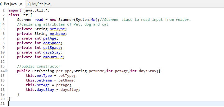 + setPetType() + getPetName() + setPetName() + getPetAge() + setPetAge() + getDogSpaces()