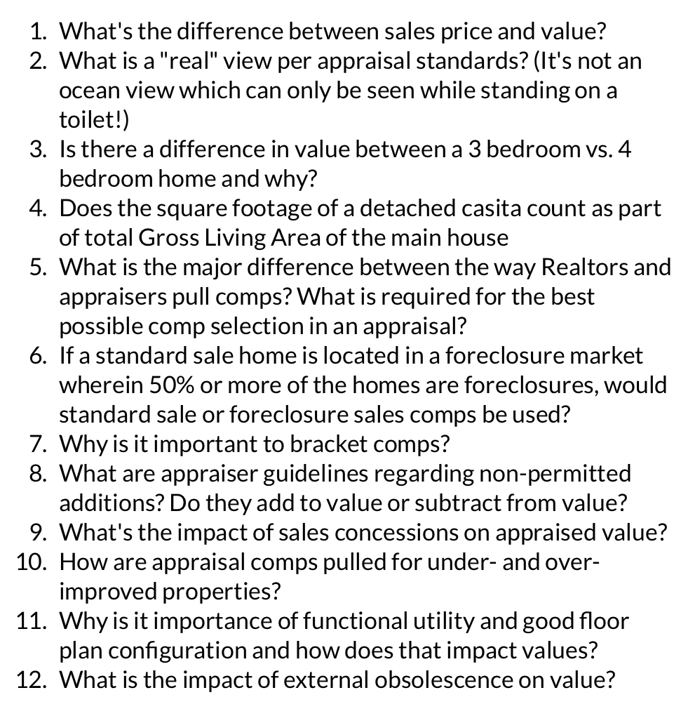 1. What's the difference between sales price and value? 2. What is