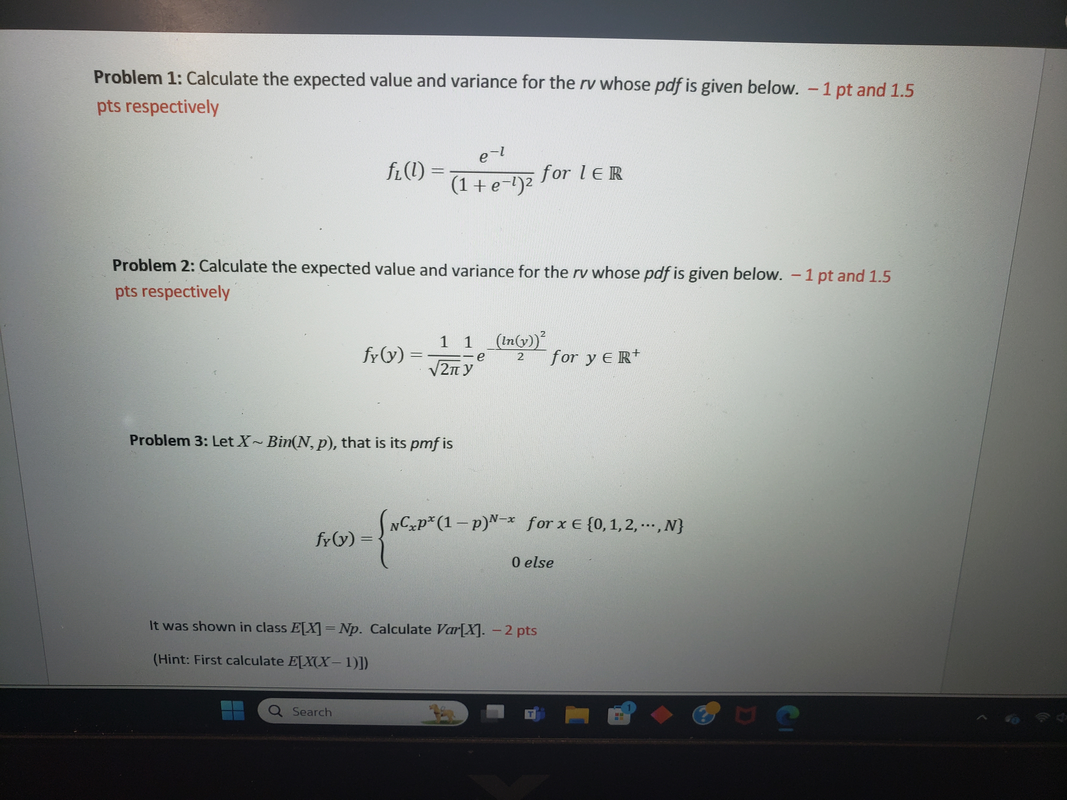 Problem 1: Calculate the expected value and variance for the rv whose