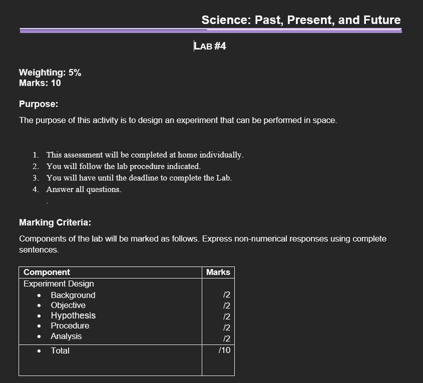 Science: Past, Present, and Future LAB #4 Weighting: 5% Marks: 10 Purpose:
